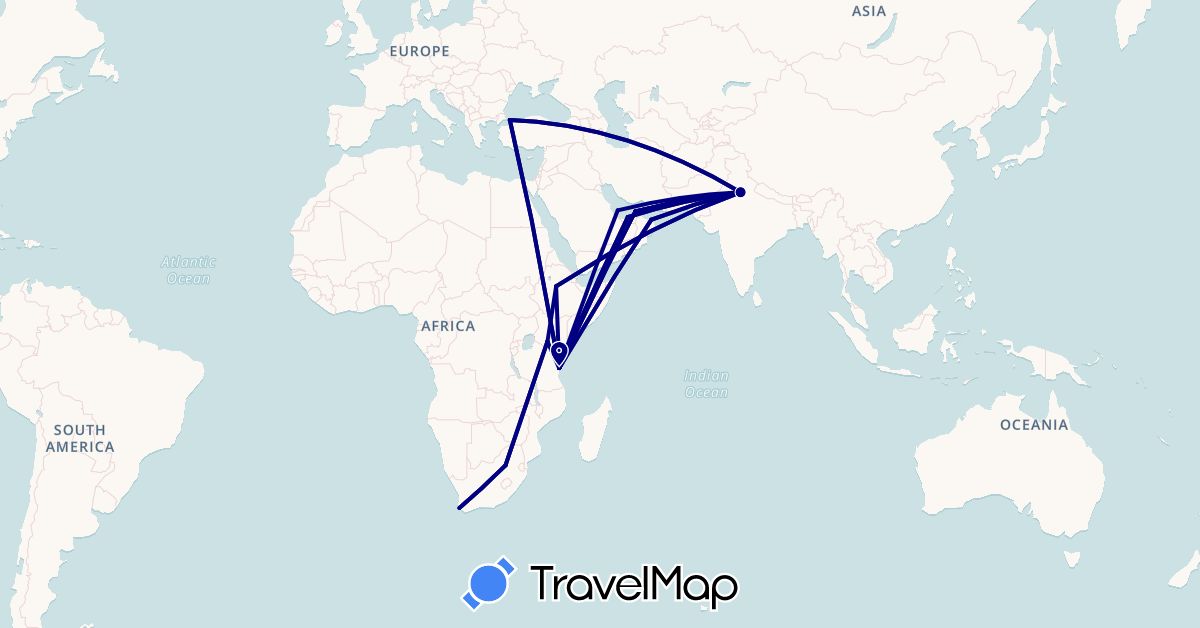 TravelMap itinerary: driving in United Arab Emirates, Ethiopia, India, Kenya, Oman, Qatar, Turkey, Tanzania, South Africa (Africa, Asia)